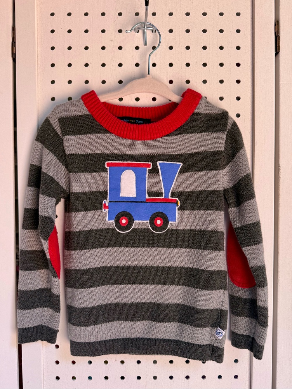 Sophie and Sam Toddler Train Knit Sweater 24M Gray Stripe Elbow Patches Cotton